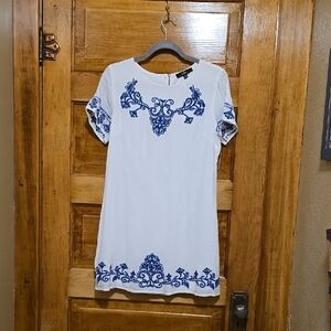 Lulu's White and Blue Embellished Mini Sheath Dress M